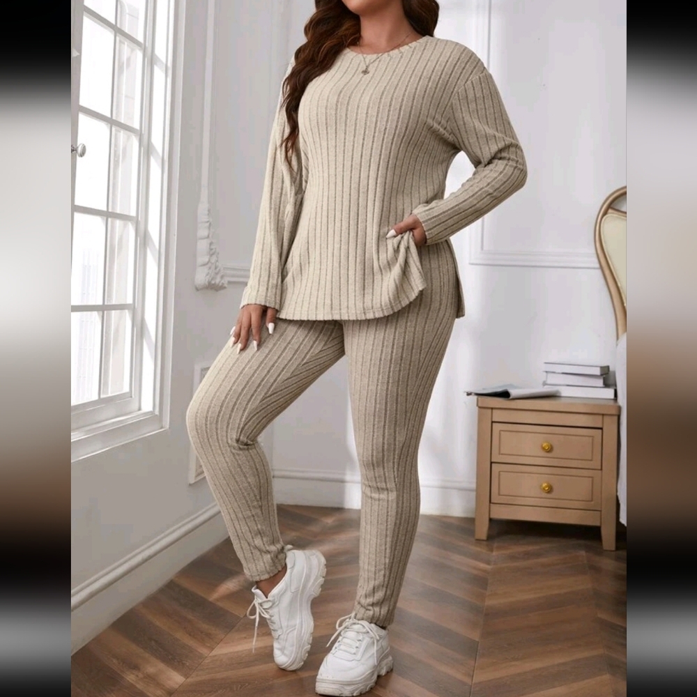 Shein Curve Essnce Long Sleeve Top And Pant Set Size 12 0XL Khaki